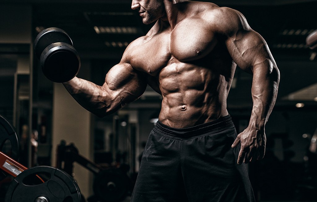 muscle athlete man doing dumbbell curl