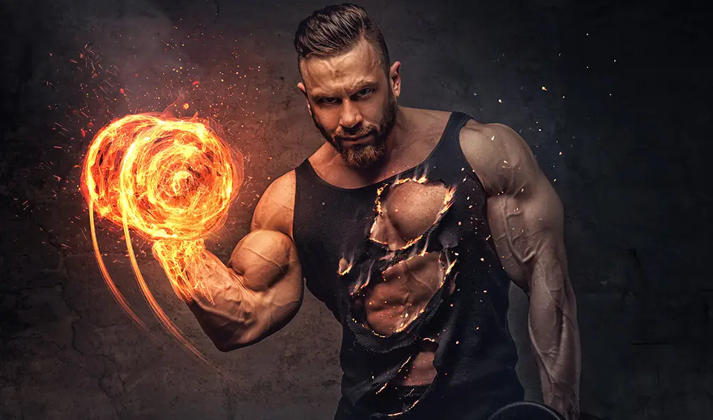 Man with flaming dumbbell